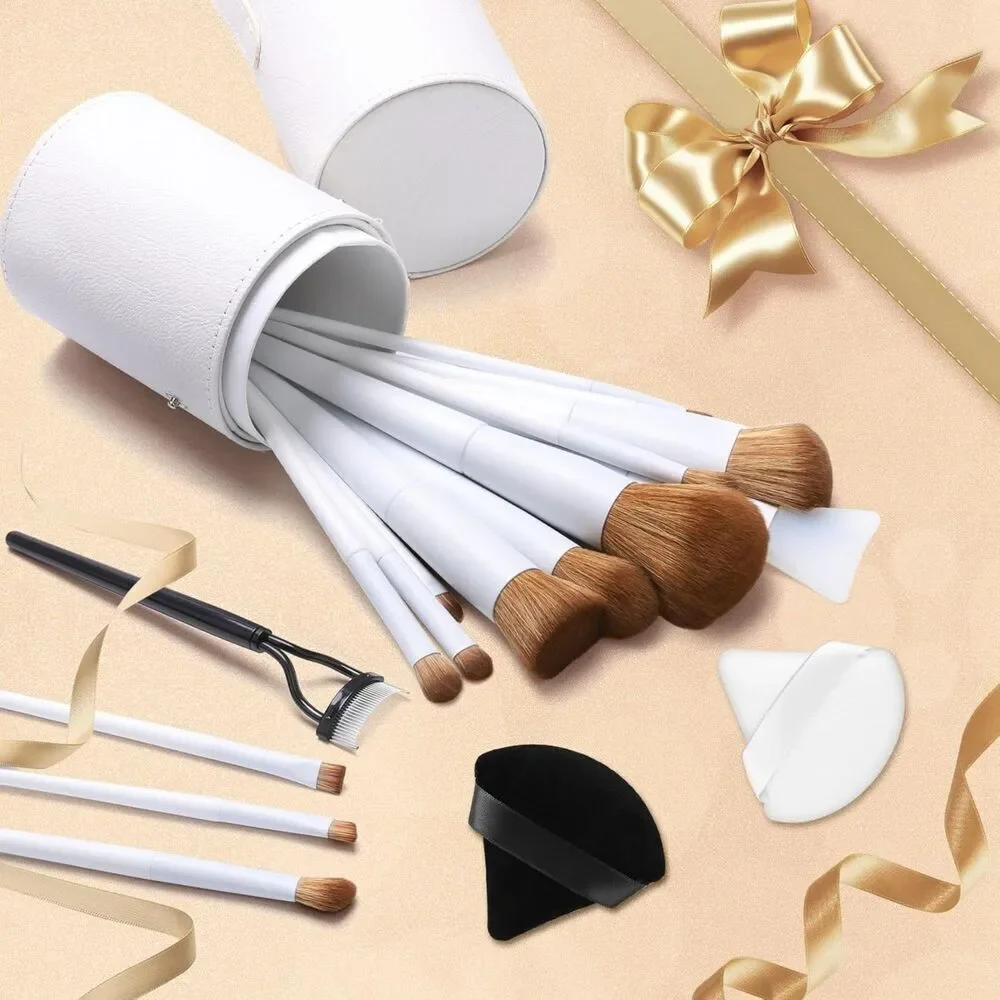 20PCs Makeup Brush Set Travel Brushes Kit With Holder & 2 Powder Puff-White